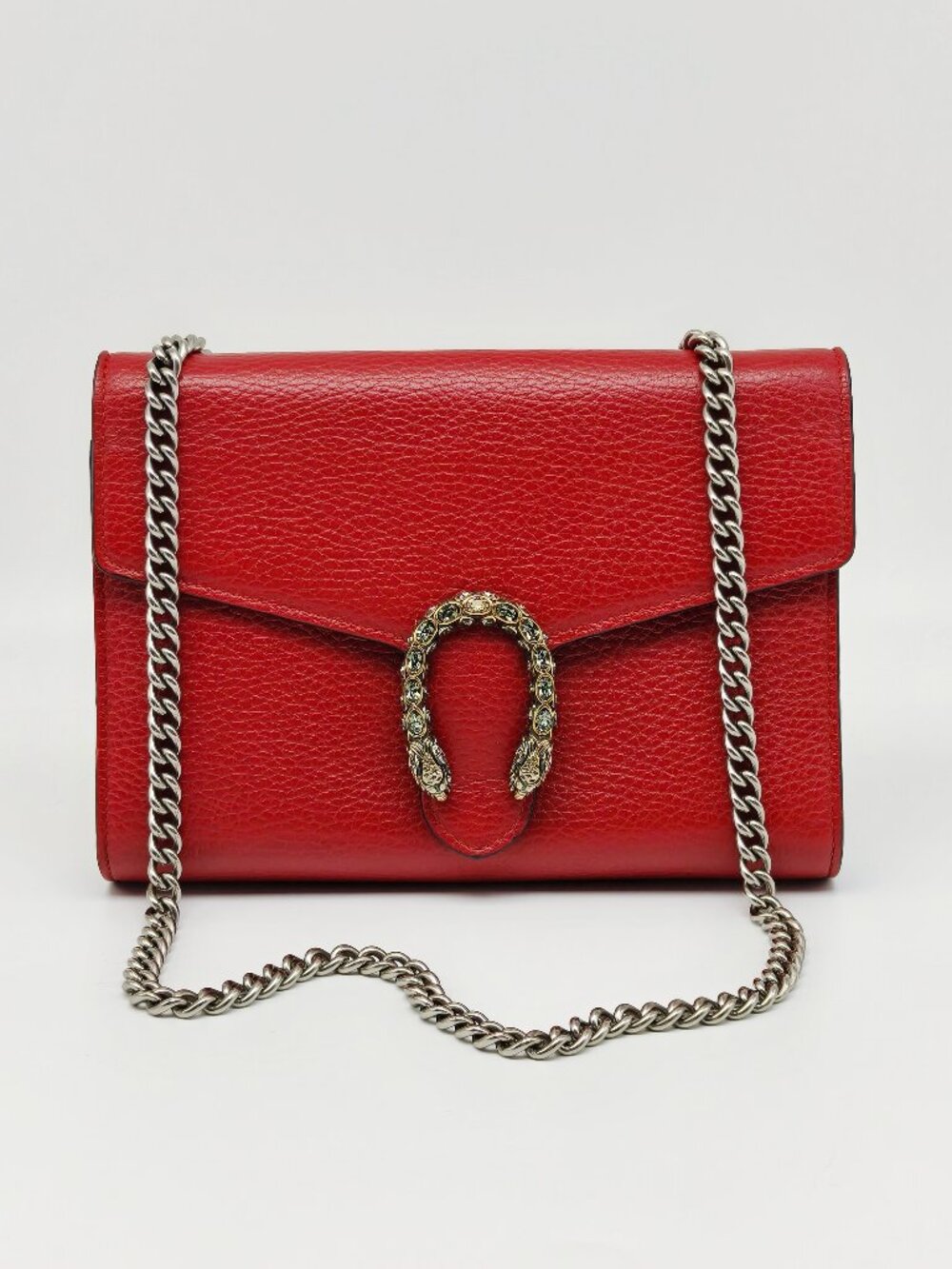 Gucci Dionysus Red Leather Chain Wallet Crossbody Bag Tiger Head